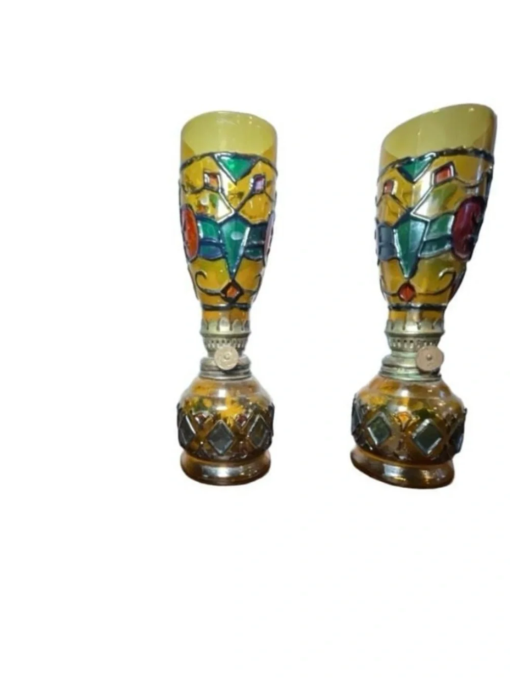 Vintage Pair of Sailboat Brand Amber Glass Faux Stained Glass Mini Oil Lamps